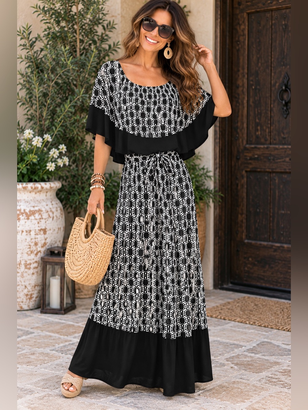 Janette Black White Geometric Maxi Dress Tie Waist NWOT A34